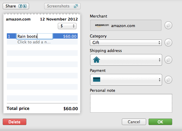 edit details for purchases